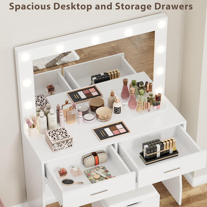 Vanity Desk Set with Large Lighted Mirror, 35.4 Inch Makeup Vanity Table with 2 Drawers, Cushioned Storage Stool, 3 Lighting Modes Brightness Adjustable, Dressing Table for Bedroom (White)
