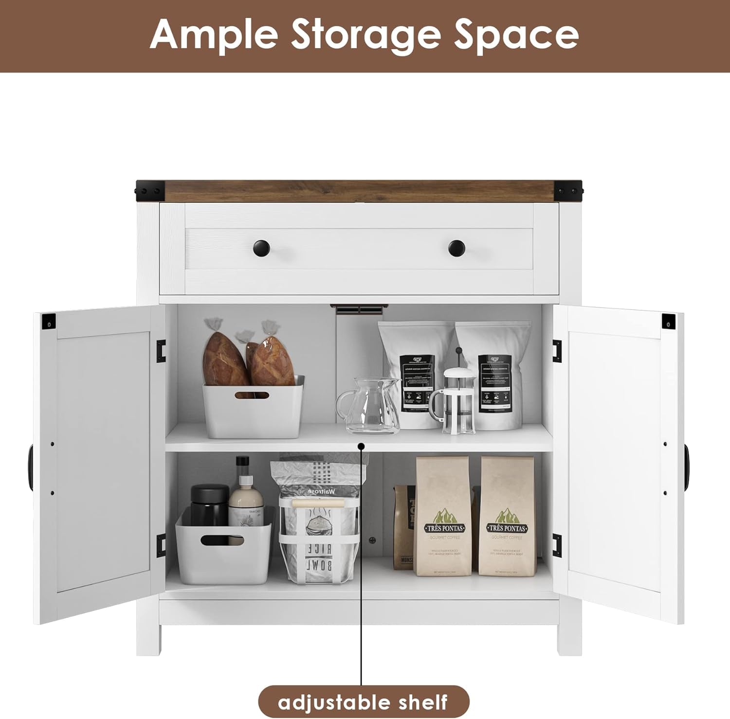 Coffee Bar Cabinet, Kitchen Storage Cabinet, Modern Farmhouse Buffet Sideboard with Drawer and Adjustable Shelf, Barn Door Accent Cabinets for Kitchen, Dining Room, Entryway, White