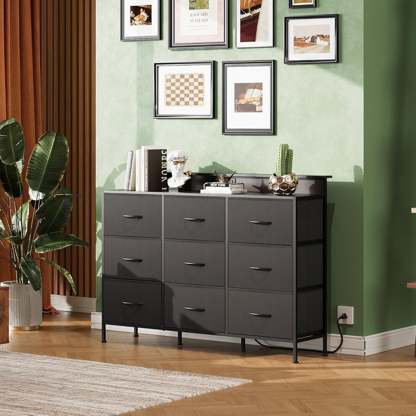 Black TV Stand for 45, 50, 55 Inch TV, Entertainment Center with LED Lights & Charging Station, TV Media Console Table with 9 Fabric Drawers and Open Shelves for Living Room, Hallway, Wood Top