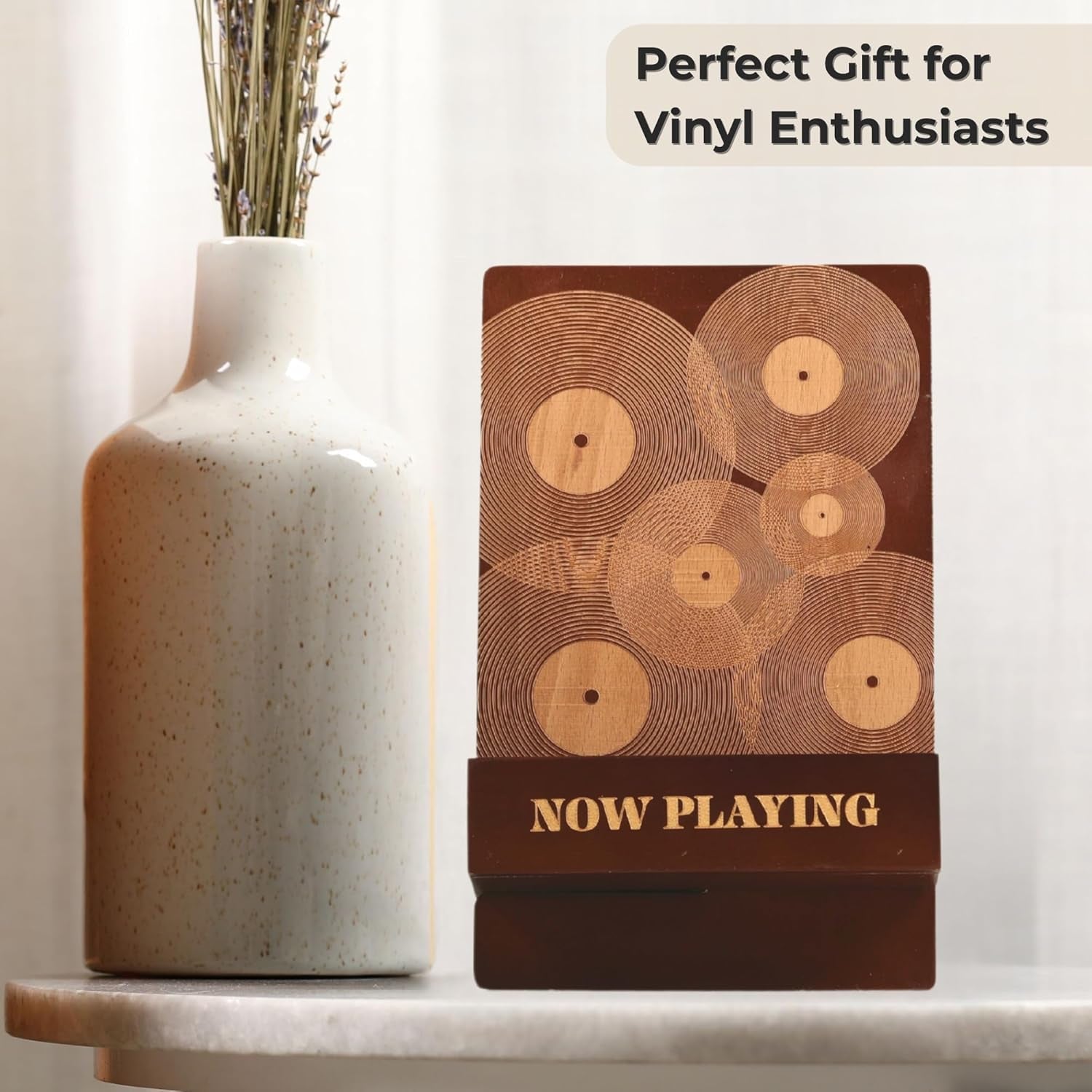 Now Playing Vinyl Record Stand – Stylish Vinyl Holder & Display for Albums – Premium Classic Wood with Engraved Design – Record Holder Stand & Accessories