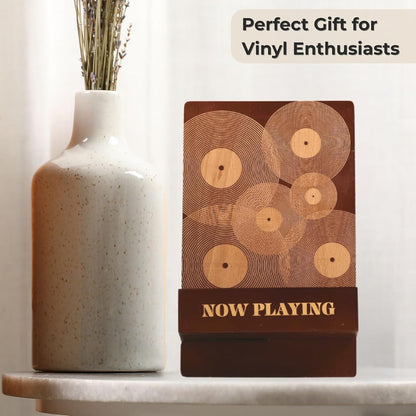 Now Playing Vinyl Record Stand – Stylish Vinyl Holder & Display for Albums – Premium Classic Wood with Engraved Design – Record Holder Stand & Accessories