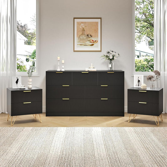 Black Dresser and Nightstand Sets, 7 Drawer Dresser Set for Bedroom 3 Piece, 55” Wide Fluted Wood Dressers W/Metal Handle & Night Stand Set of 2, Modern Bedroom Furniture Sets, Black