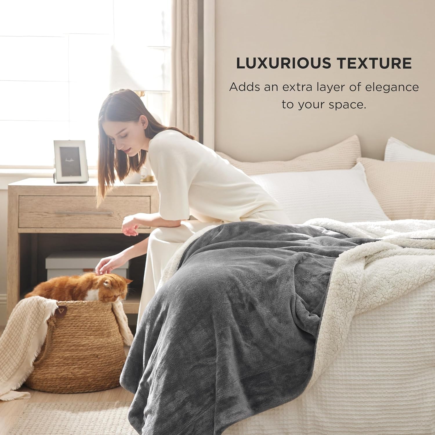 Gentlesoft Sherpa Fleece Blankets Queen Size for Bed - Thick and Warm Throw for Women and Men, Soft Fuzzy Plush Queen Blanket for Winter, Grey, 90X90 Inches