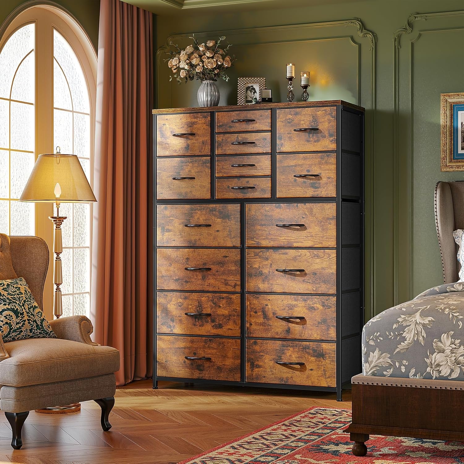 57“H Dresser for Bedroom with 16 Drawers,Fabric Dressers & Chests of Drawers for Bedroom,Large Dresser, Sturdy Metal Frame & Wood Top,Entryway, Hallway(Rustic Brown)