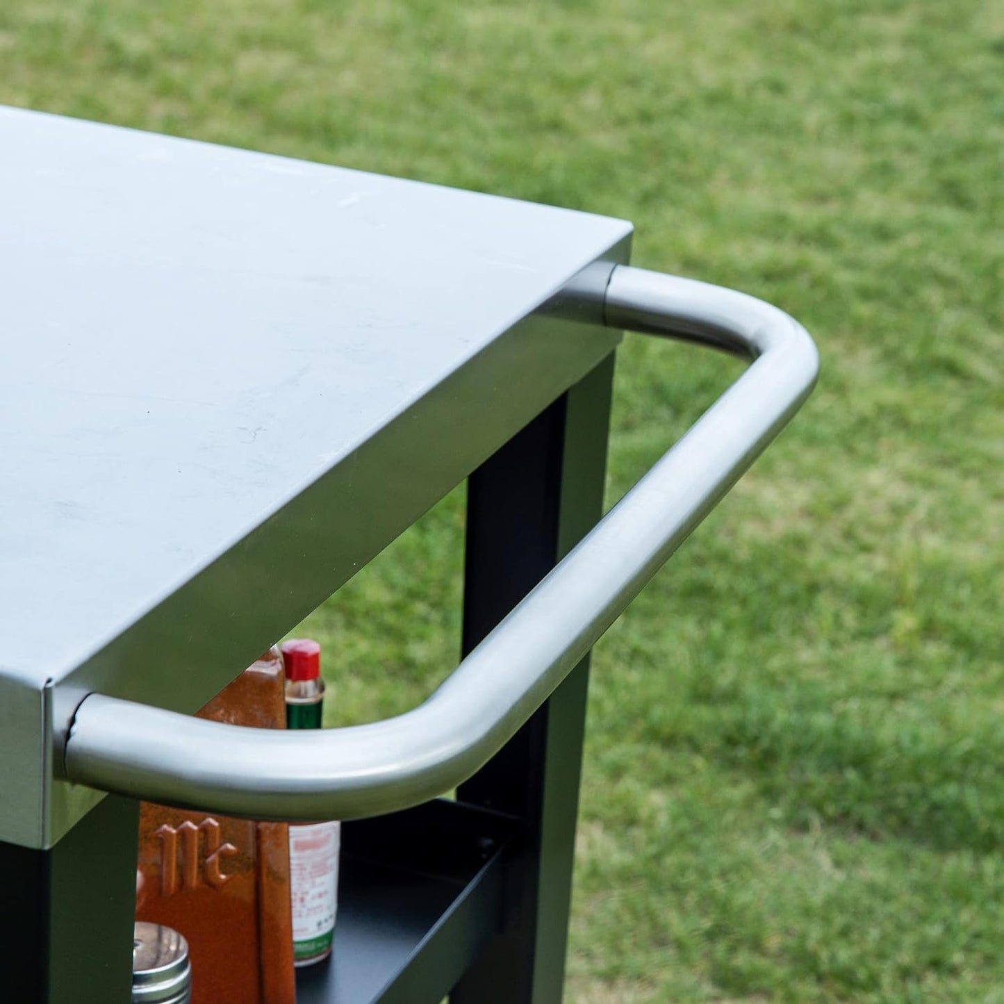 PC3404S Rolling Dining Table with Trash Bag Holder, Outdoor Garden Patio BBQ Kitchen Food Prep Table Cart, 34"L X 20"W Stainless Steel Tabletop, Silver & Black