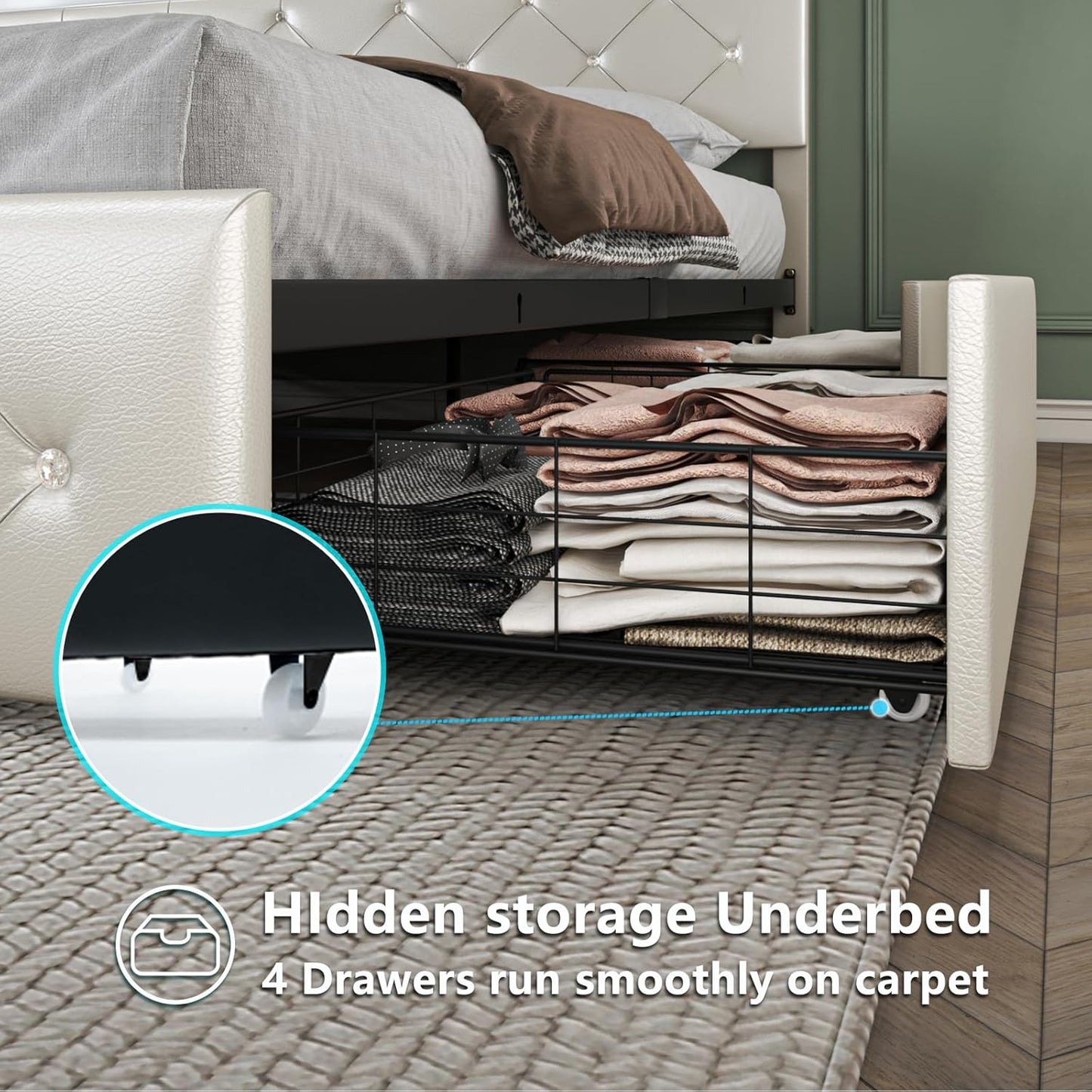 Bed Frame Full Size with LED Light and Storage Drawers, Adjustable Headboard with PU Leather Upholstered, 2 Sockets and 2 USB Ports, No Box Spring Needed,Wooden Slats Support, White.