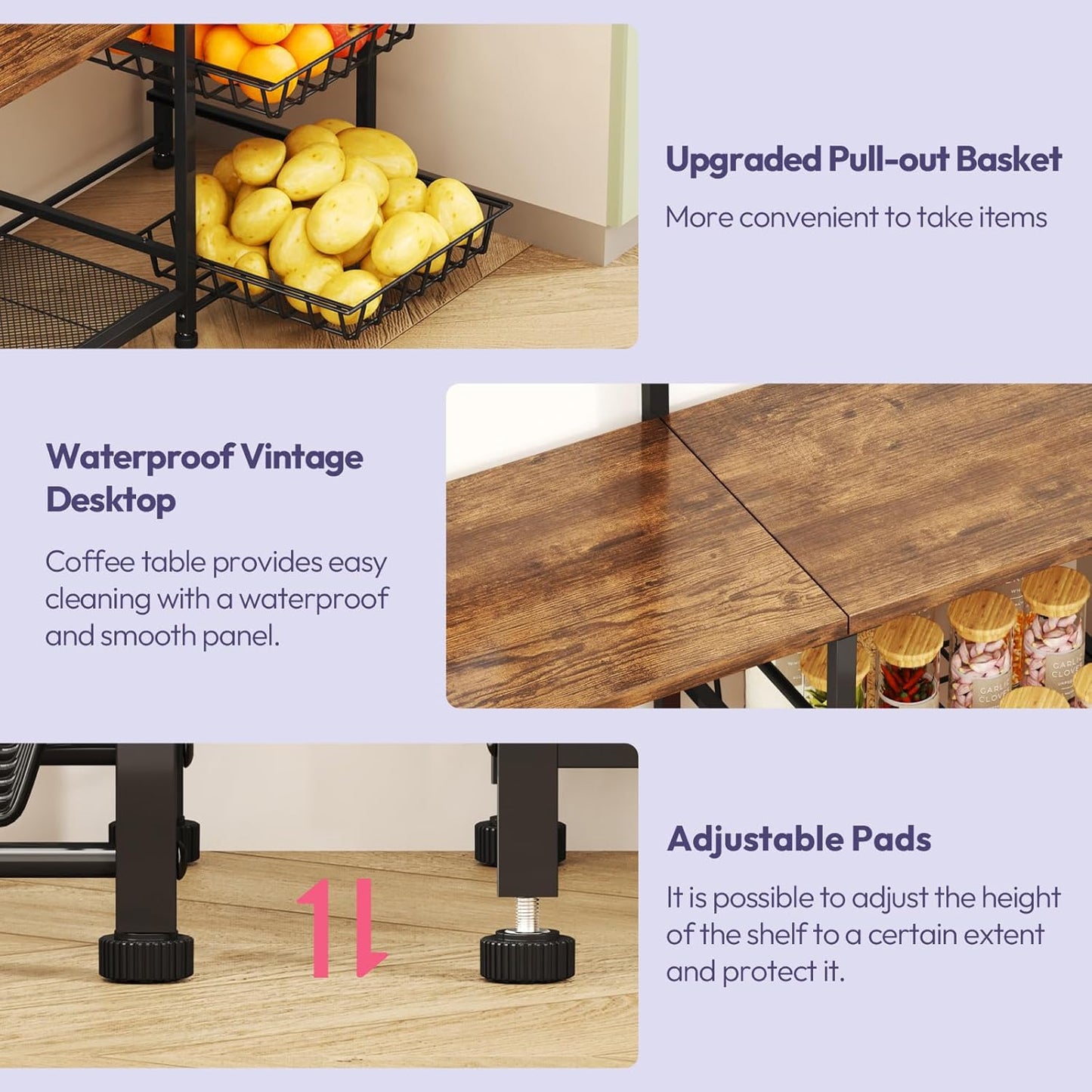 Bakers Rack with Storage - Coffee Bar Cabinet with Shelves, Coffee Station Organizer and Kitchen Stand with 8 Hooks, Baskets, Adjustable Feet for Kitchen Dining Room Pantry, Espresso