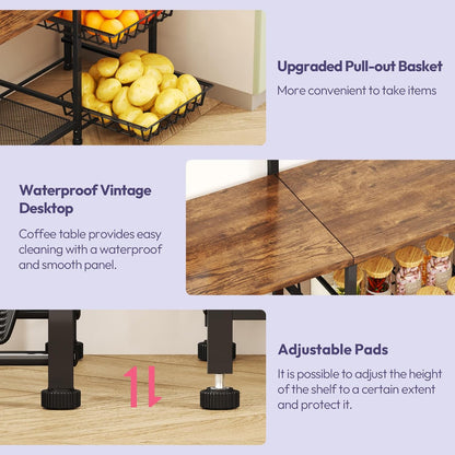 Bakers Rack with Storage - Coffee Bar Cabinet with Shelves, Coffee Station Organizer and Kitchen Stand with 8 Hooks, Baskets, Adjustable Feet for Kitchen Dining Room Pantry, Espresso