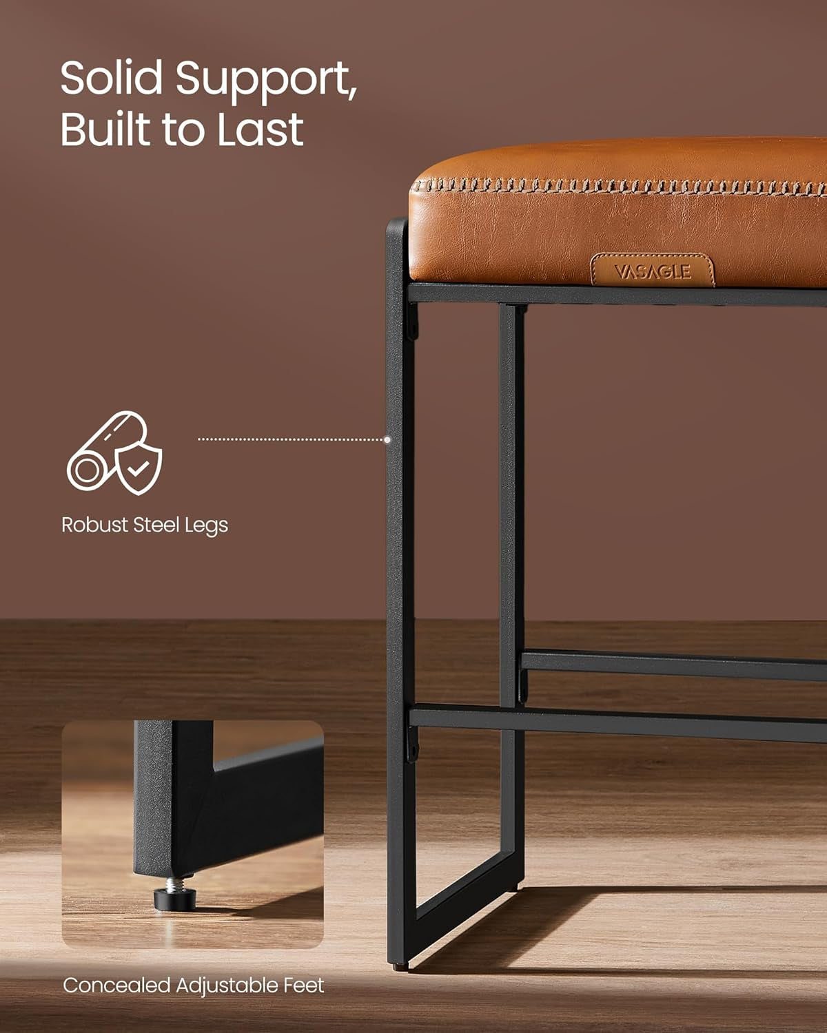 EKHO Collection - Bar Stools Set of 2, Counter Height Bar Stools, Synthetic Leather with Stitching, Mid-Century Modern Counter Stools, 26-Inch Tall, Kichen Home Bar Dining Room, Caramel Brown