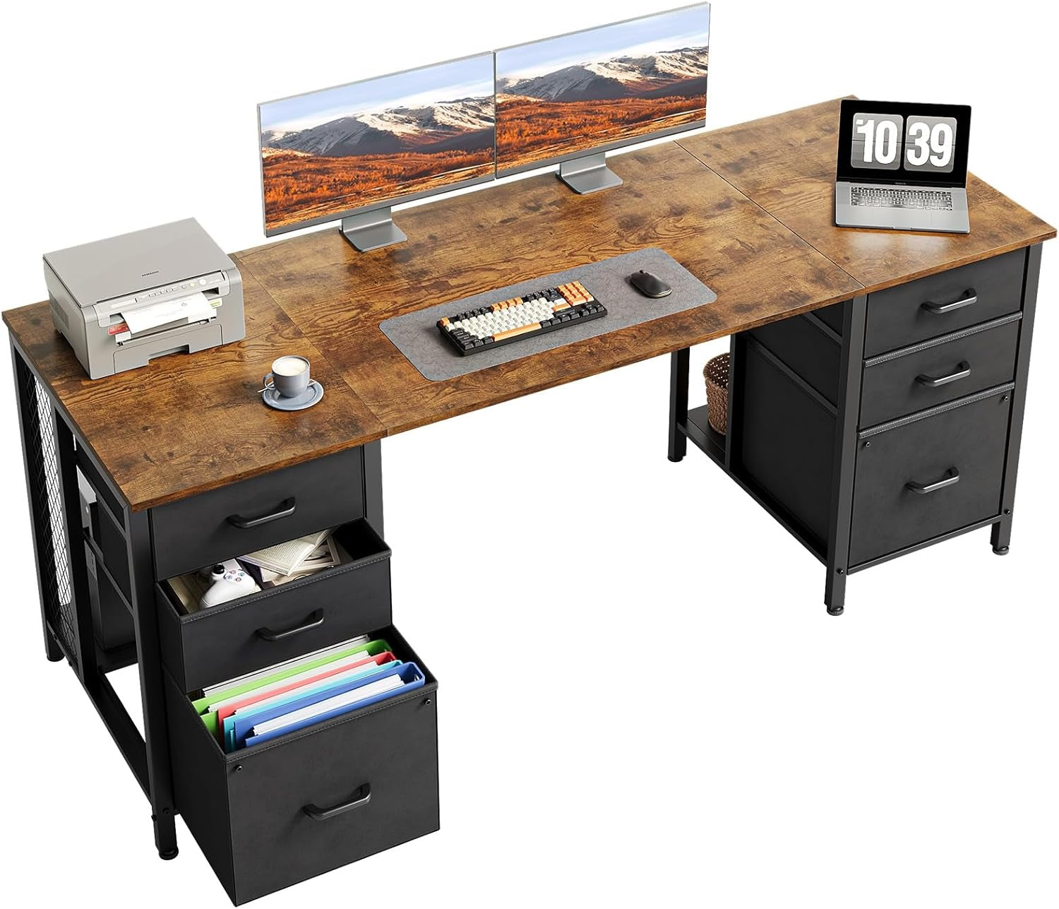 63 Inch Computer Desk with File Drawers Cabinet, Modern Office Desk with Large Storage for Home Office, Study, Gaming, Vintage