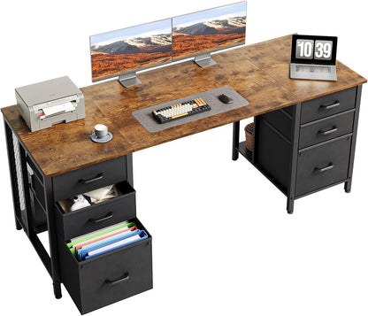 63 Inch Computer Desk with File Drawers Cabinet, Modern Office Desk with Large Storage for Home Office, Study, Gaming, Vintage