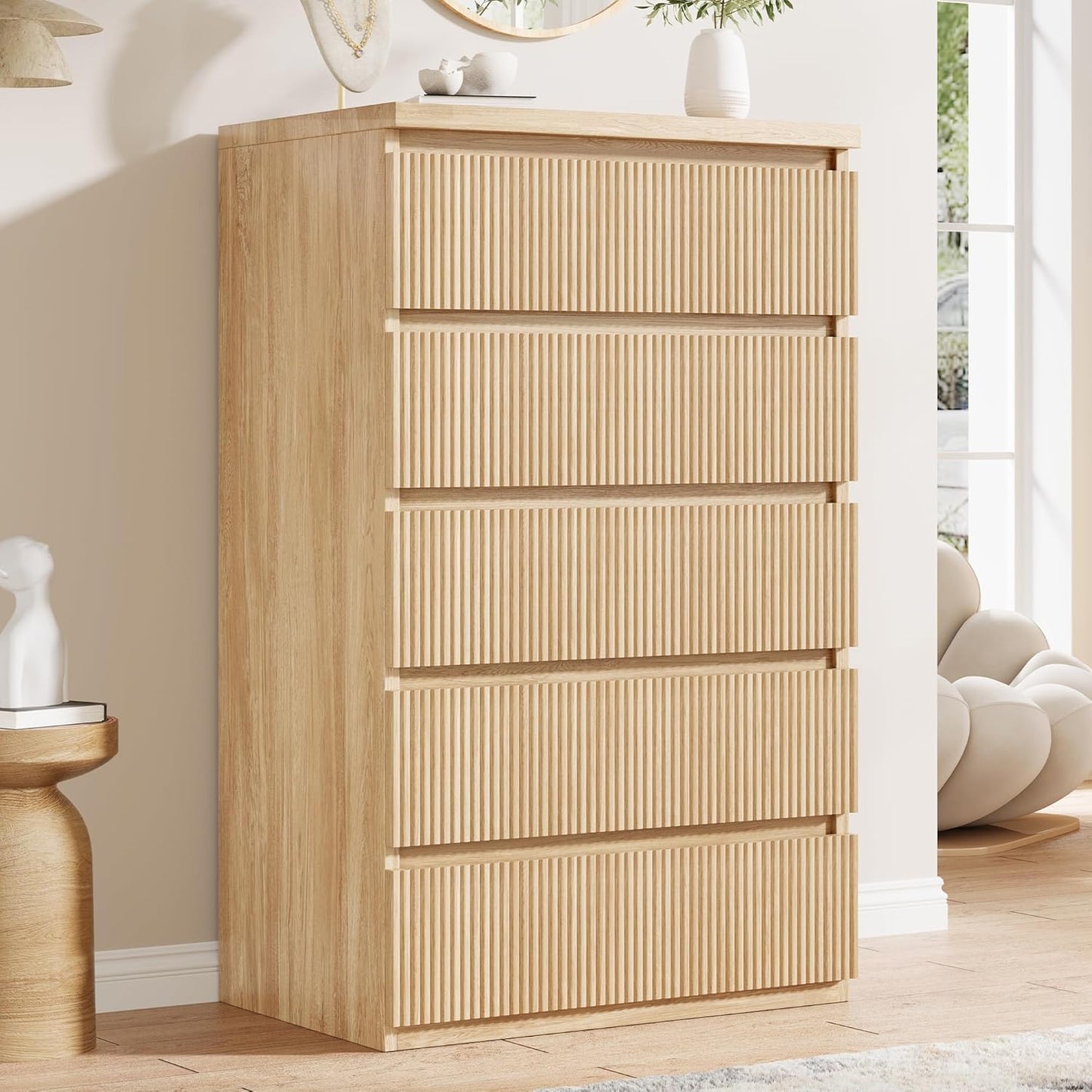 Fluted 5 Drawer Dresser for Bedroom, 43" Tall Dresser for Bedroom, Modern Fluted Chest of Drawers, Handle-Free/Floor-Mounted Wood Drawer Dresser for Living Room, Bedroom, Entryway, Hallway (Oak)