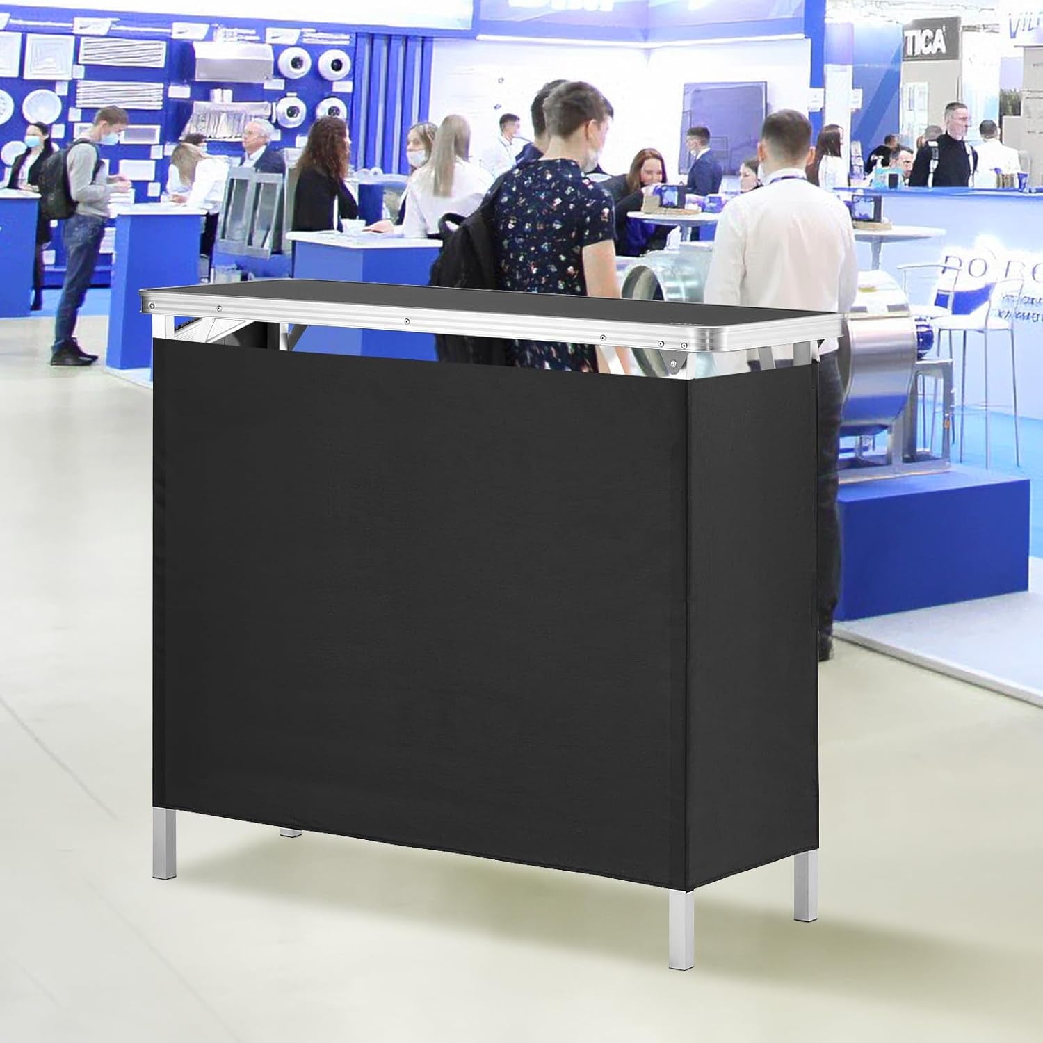 Folding Portable Bar Table, Tradeshow Podium Table for Indoor, Outdoor, Party, Picnic, Exhibition, Includes Carrying Case, Storage Shelf and Black Skirt, 38.39" X 15.16" X 34.25"