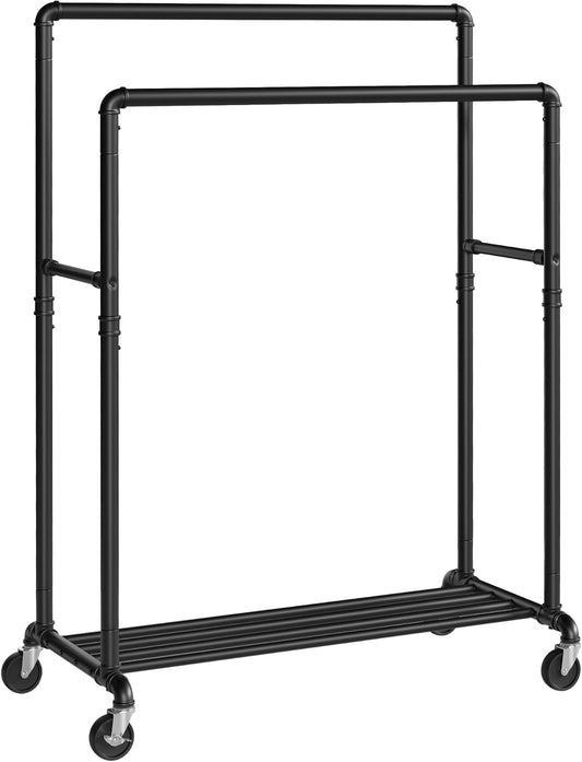 Cabideiro, Suporte Para Roupas, Arara Com 2 Trilhos De 100 Cm, Estrutura De Metal, Com Rodas E Prateleira De Armazenamento, 2 Rodízios Com Freio, Suporta Até 90 Kg, Preto BRHSR60BV1