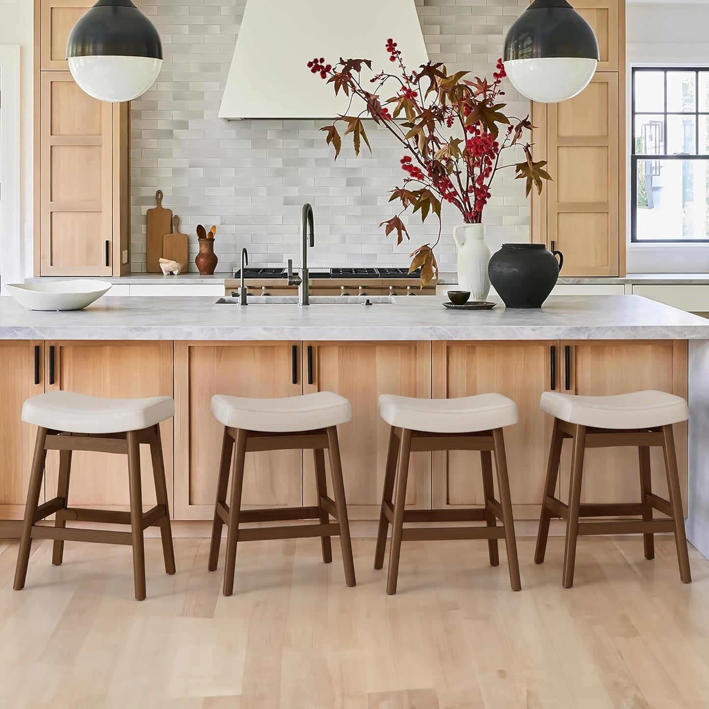 Bar Stools Set of 3, Barstools with Sturdy Wood Legs, Saddle Seat Counter Height Bar Stools for Kitchen Counter, Bar, Dining, 24 Inch Farmhouse Counter Stools, Antique White Leather