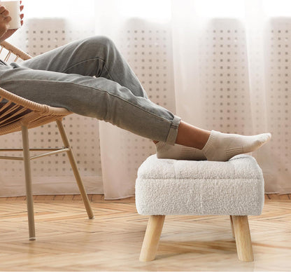 Storage Ottoman, Small Foot Stool Ottoman with Storage, Boucle Teddy Velvet Foot Rest with Padded Seat, Sturdy Wood Legs Stool for Living Room, Bedroom, Couch, Enterway (Cream)