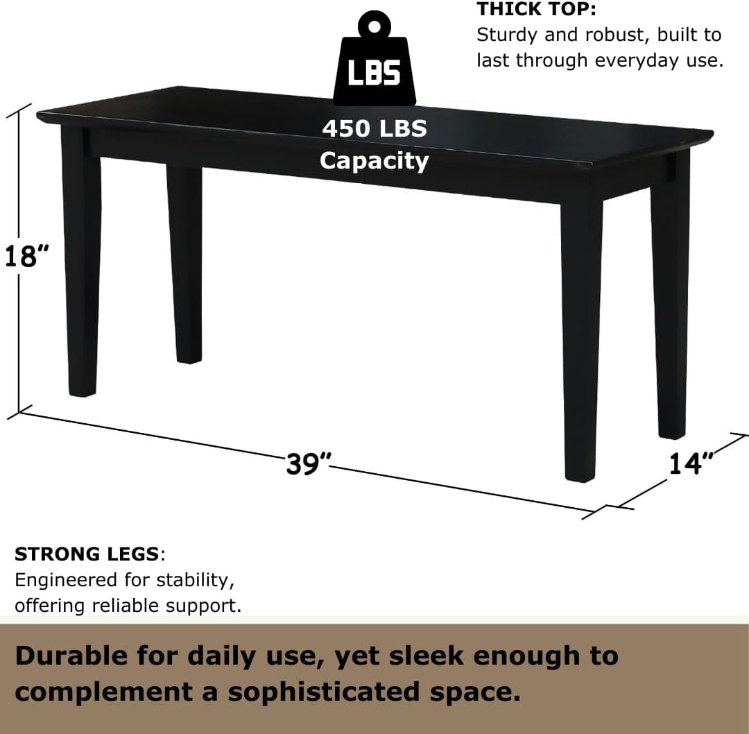Shaker Style Bench Real/Solid Parawood, Kitchen/Dining, Sturdy & Reliable Seating, Easy Assembly, 39"W X 14"D X 18"H, 450 Lbs Wt. Capcity, Black