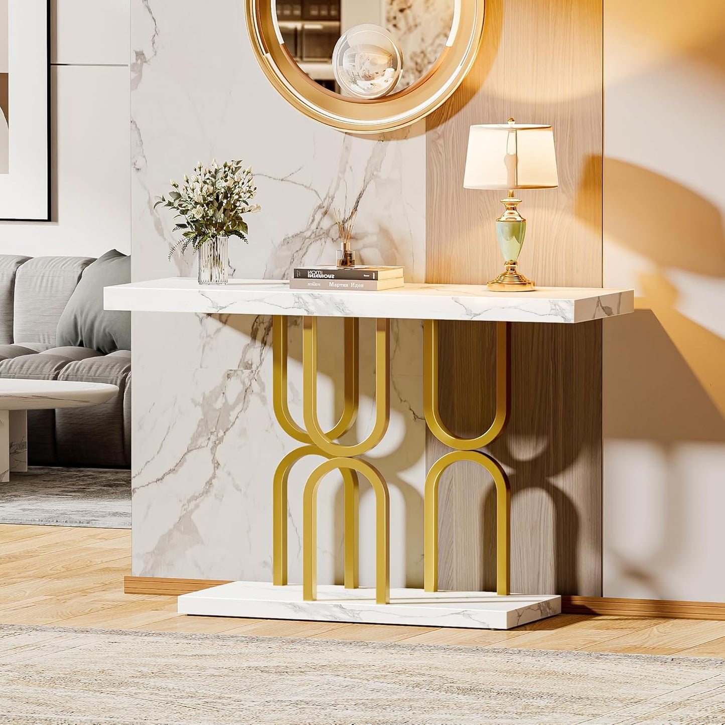 47.2 Inch Entryway Table with Marble Top, Modern Console Sofa Table, Accent Table, for Entry, Hallway, Entrance, Foyer, U-Shaped Metal Base, White Marble & Gold