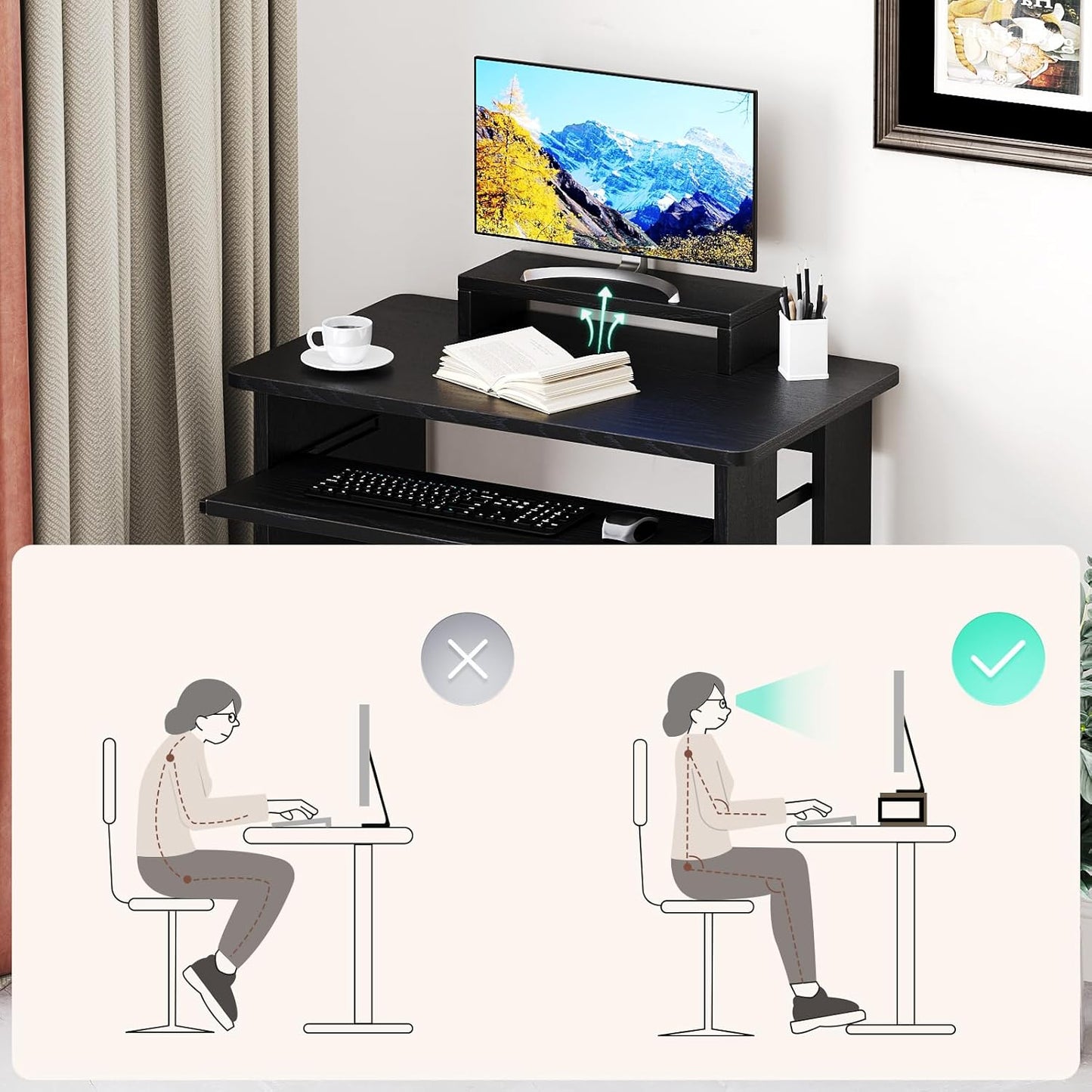 30 Inch Gaming Desk Computer Desk with Keyboard Tray Monitor Stand Storage Shelves CPU Stand, Industrial Small Desk for Small Spaces, Home Office Desk, Black