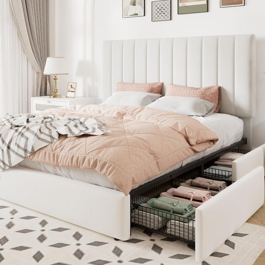 Full Size Storage Bed Frame, Vertical Channel Tufted Adjustable Headboard, Velvet Upholstered Platform Bed with 4 Oversized Underbed Drawers, Wooden Slats Support, No Box Spring Needed, White