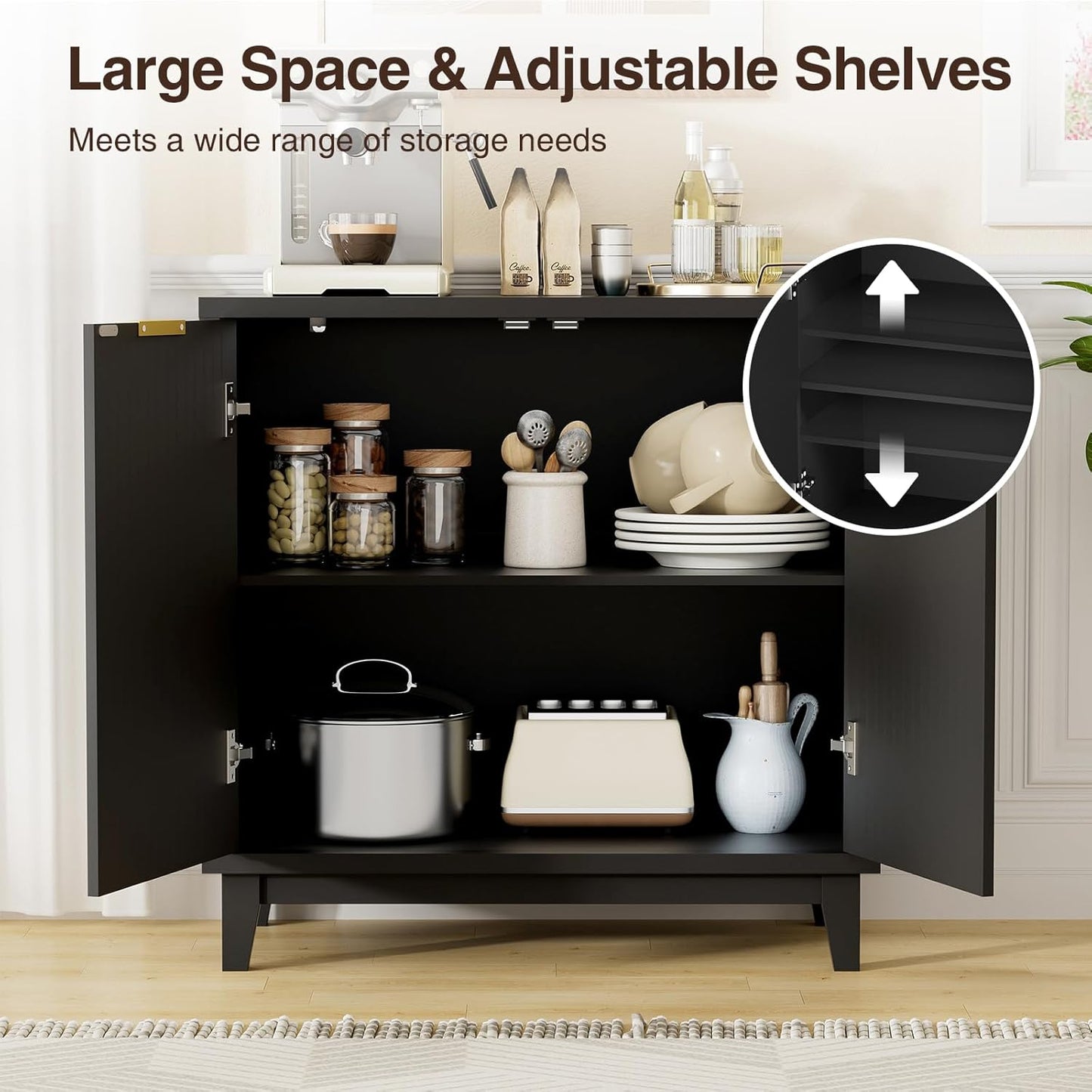 Fluted Cabinet with Storage, 2 Doors Sideboard Buffet, Mid Century Modern Accent Cabinet with Adjustable Shelves, Multifunctional Console Table with Storage for Living Room, Kitchen, Entryway
