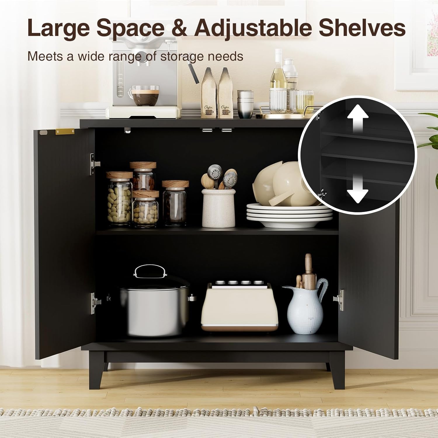 Fluted Cabinet with Storage, 2 Doors Sideboard Buffet, Mid Century Modern Accent Cabinet with Adjustable Shelves, Multifunctional Console Table with Storage for Living Room, Kitchen, Entryway