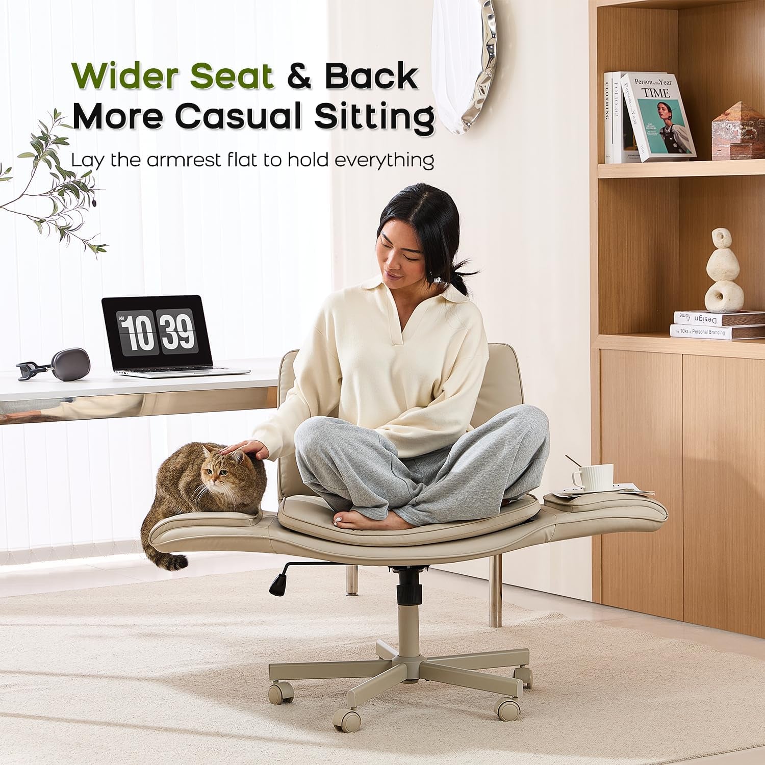 Criss Cross Chair with Armrests & Wheels, PU Leather Vanity Chair, Comfortable Adjustable Swivel Computer Office Desk Chairs for Home, Make Up, Bed Room (Cream)