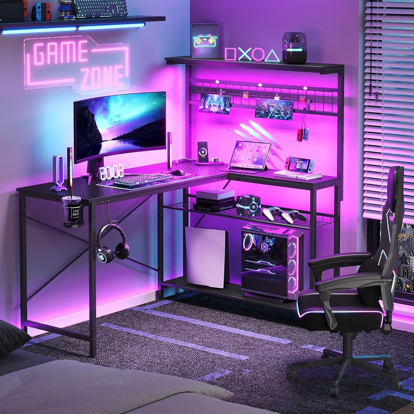 Gaming Desk 51" L-Shaped, with Power Outlets & LED Lights- 4 Tier Shelves, Reversible Gamer Table with Hooks & Cup Holder for Home Office Carbon Fiber Black