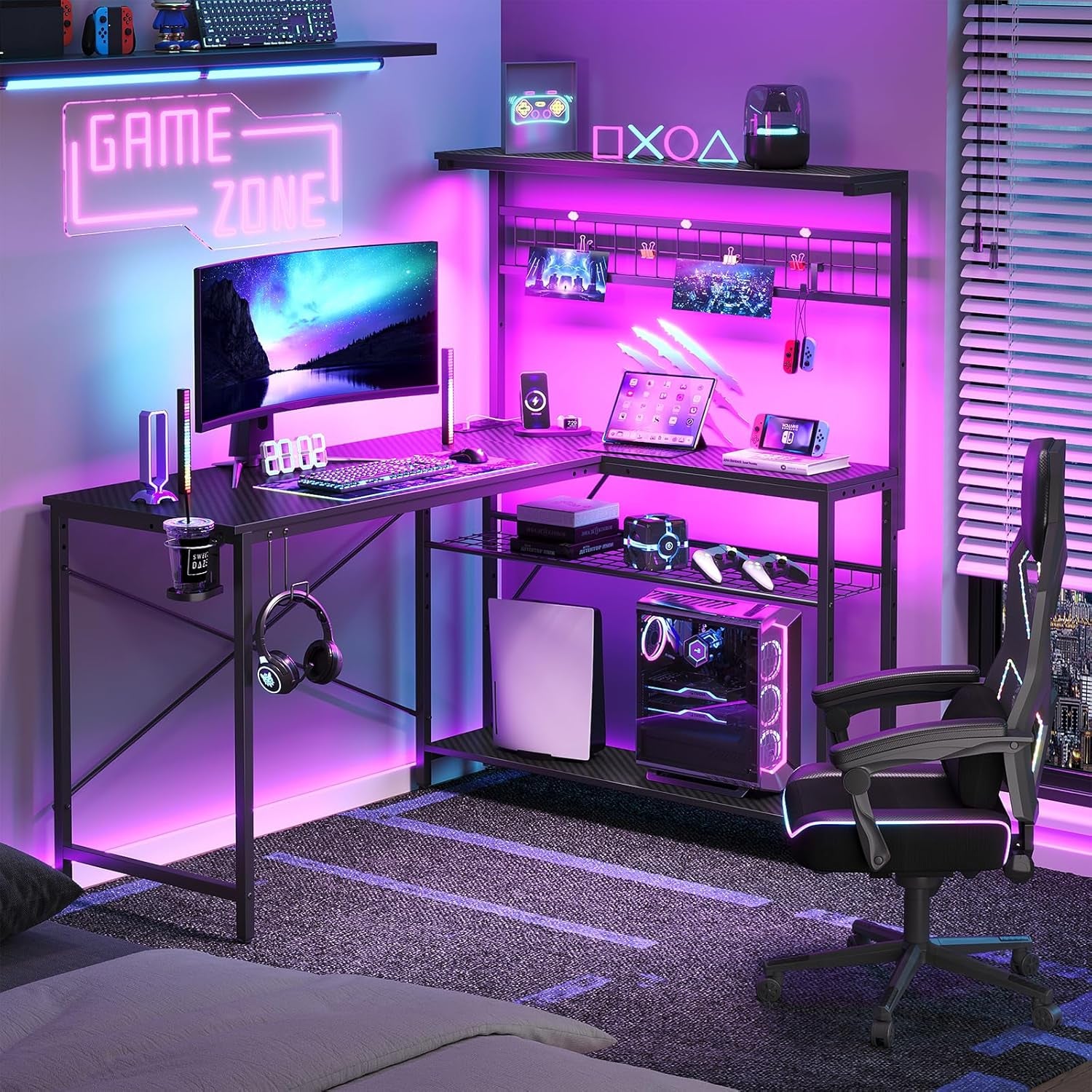 Gaming Desk 51" L-Shaped, with Power Outlets & LED Lights- 4 Tier Shelves, Reversible Gamer Table with Hooks & Cup Holder for Home Office Carbon Fiber Black