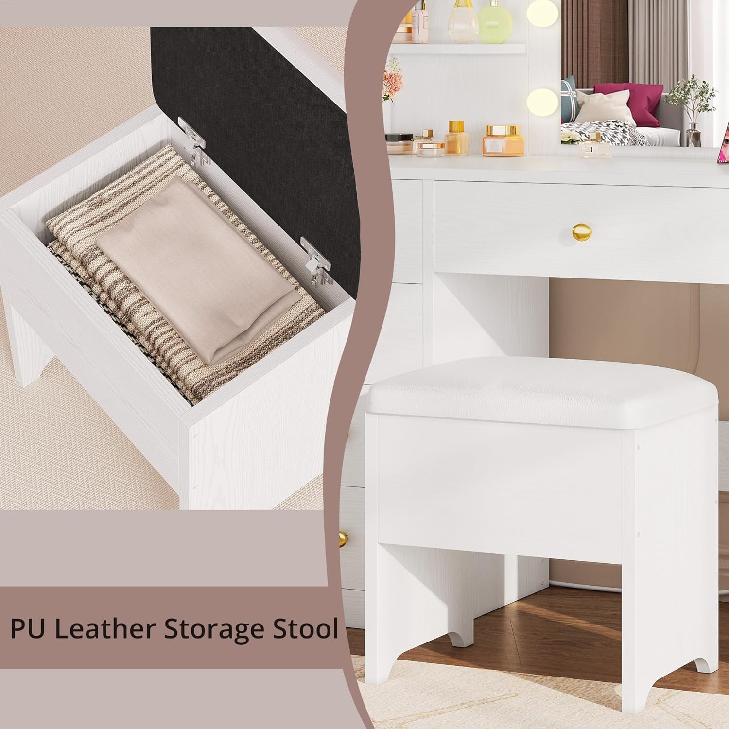 Vanity Desk with Mirror and Lights, Small Makeup Vanity Table with 5 Drawers, Power Outlet, and Vanity Stool, 3 Lighting Colors, Dressing Table for Women Girls Bedroom, White