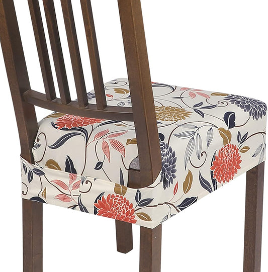 Stretch Dining Chair Seat Covers Set of 4, Soft Washable Seat Covers for Dining Chairs, Dining Room Seat Cover Protector (Rear-Covered, Orange Flowers)