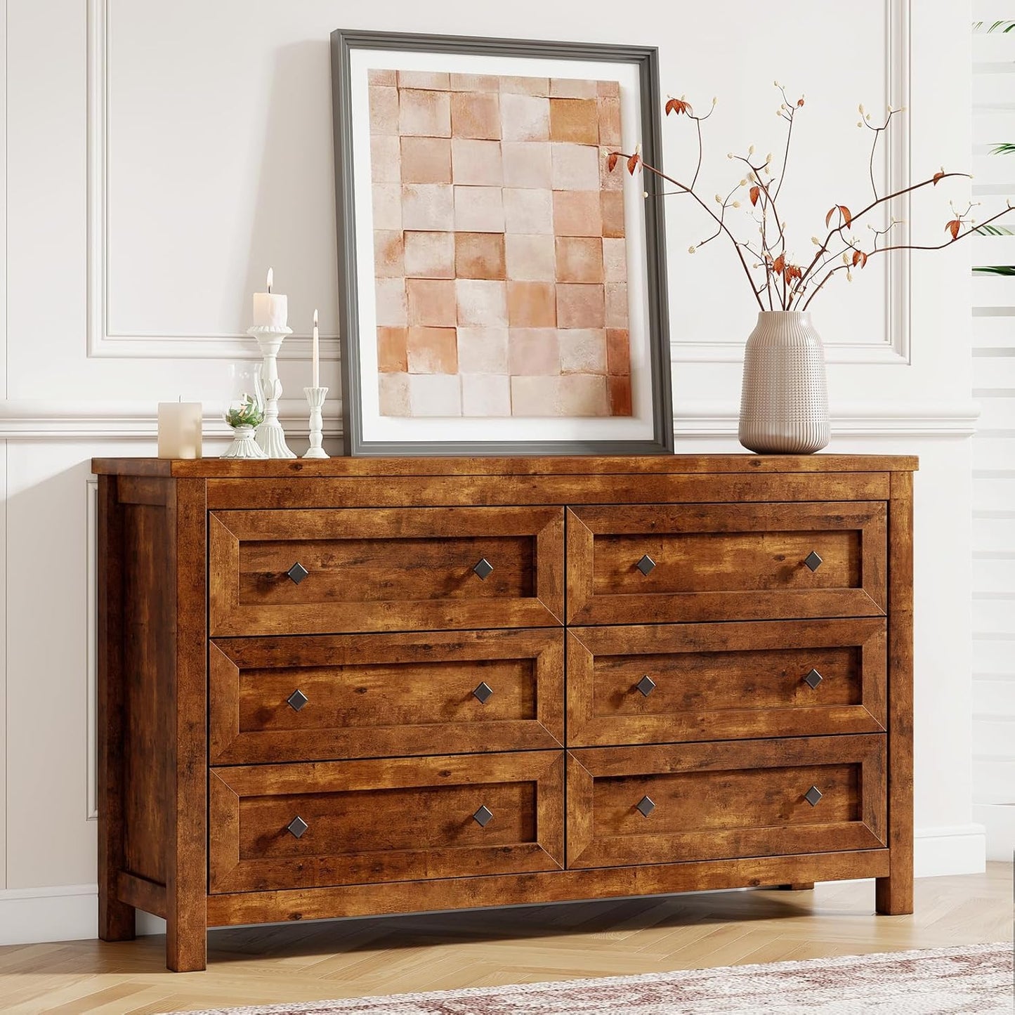 Bedroom Dresser and Nightstand 3 Piece Set, 1 X Wood Rustic 6 Drawer Storage Dresser, Nightstand Set of 2 with Charging Station, Farmhouse Bedroom Furniture Set, Rustic Brown