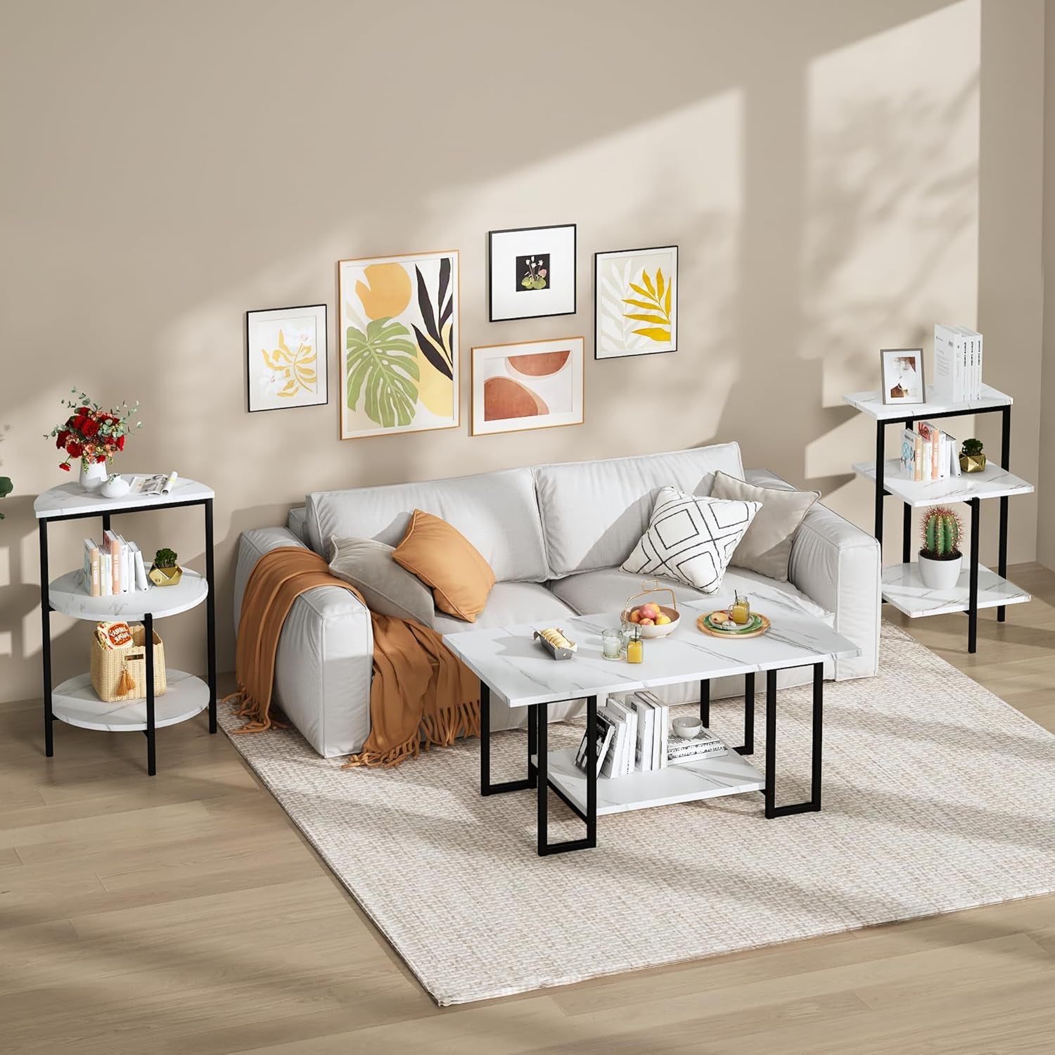 Coffee Table Set of 3 Coffee Table and End Table Sets, Modern Living Room Table Set with Metal Frame for Apartment Home Office White & Black
