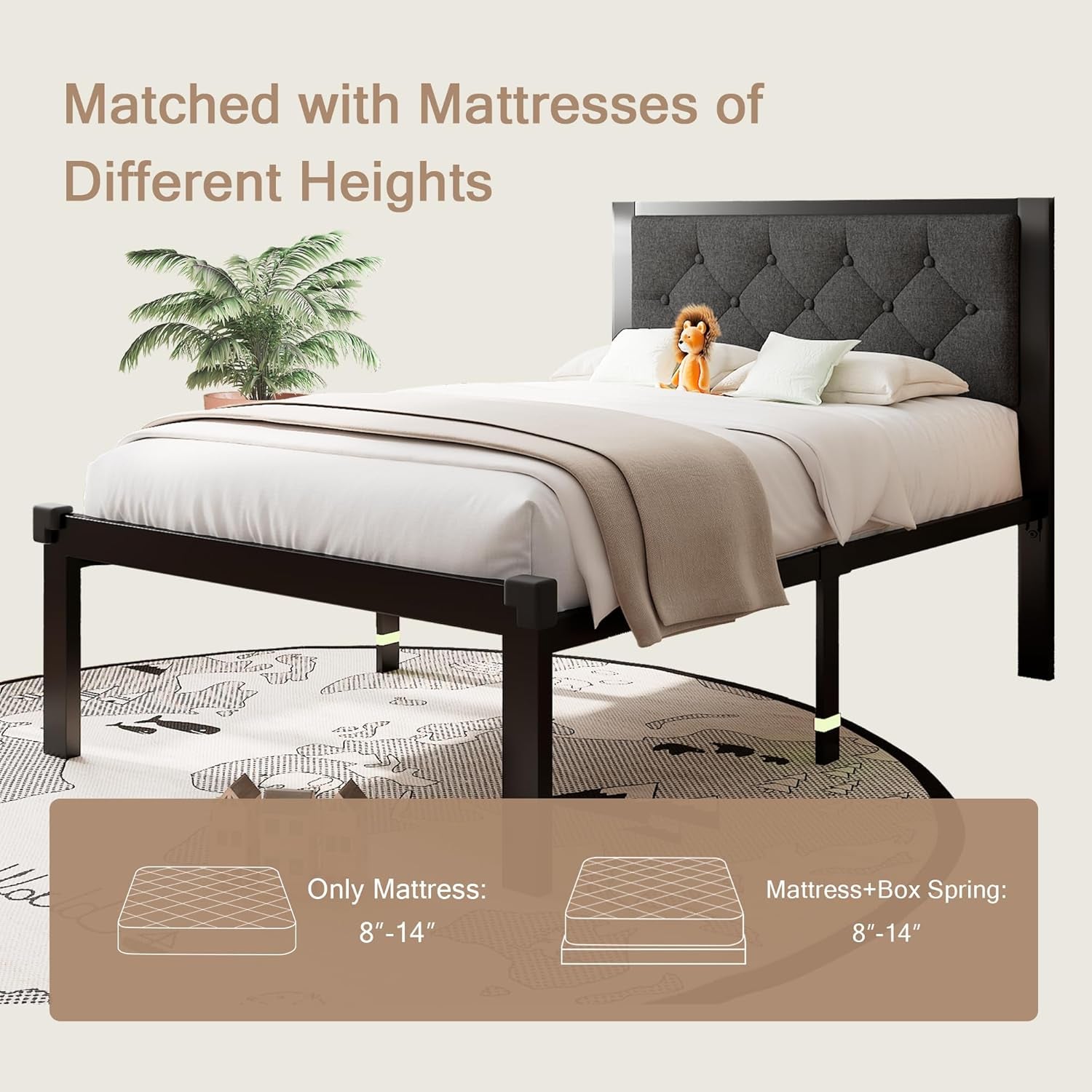 Twin Bed Frame, Platform Metal Bed Frame with Button Tufted Linen Upholstered Headboard, Sturdy Steel Slats, 12" Underbed Storage, No Box Spring Needed, Dark Grey