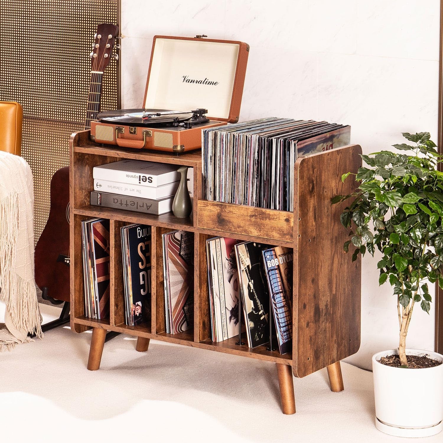 Record Player Stand, Large Record Player Table Cabinet with Open Vinyl Storage and Display Shelf Holds up to 350 Albums, Mid Century Wood Turntable for Living Room, Bedroom (Brown)
