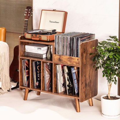 Record Player Stand, Large Record Player Table Cabinet with Open Vinyl Storage and Display Shelf Holds up to 350 Albums, Mid Century Wood Turntable for Living Room, Bedroom (Brown)