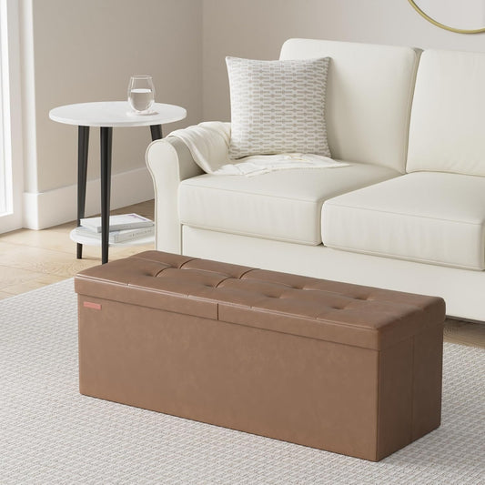 MAZIE Collection - 43 Inches Storage Ottoman Bench with Flipping Lid, Storage Chest with Iron Frame Support, Load 660 Lb, for Living Room, Bedroom, Synthetic Leather, Coffee Brown ULSF075K01