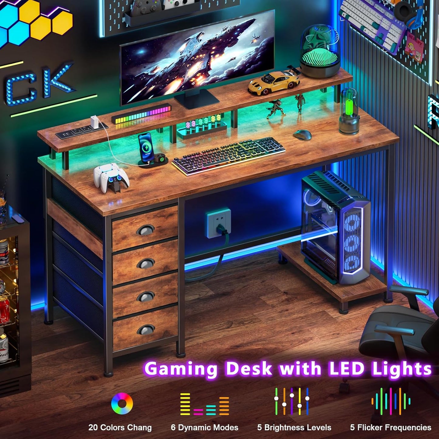 55 Inch Computer Desk Gaming with 4 Fabric Drawers with Power Outlets and LED Lights for Home Office with Full Monitor Stand and Shelf Study Table for Small Spaces Rustic Brown