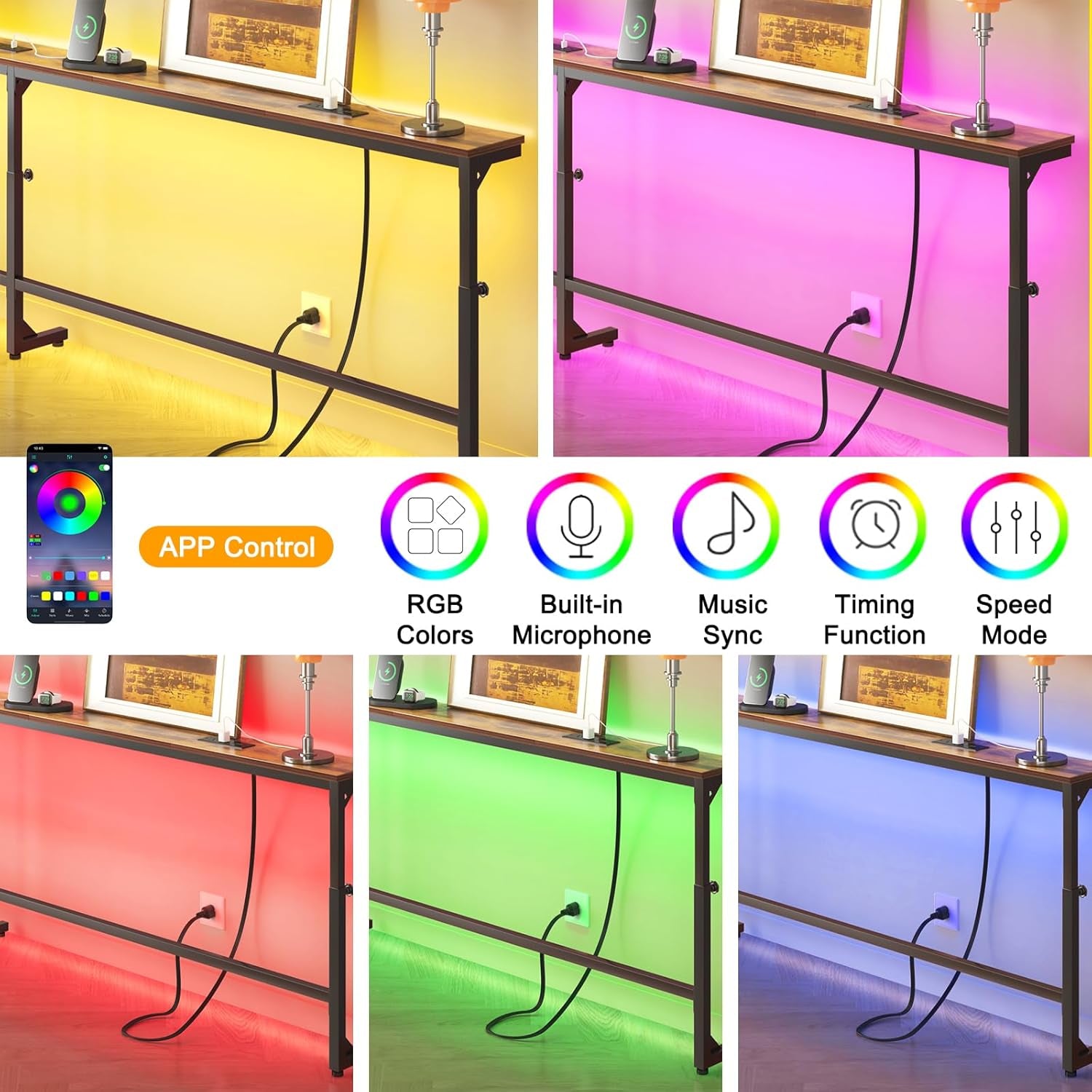 79In behind Couch Table Adjustable Height Sofa Table with Charge Station Narrow Console Table with LED Lights, Rustic Brown