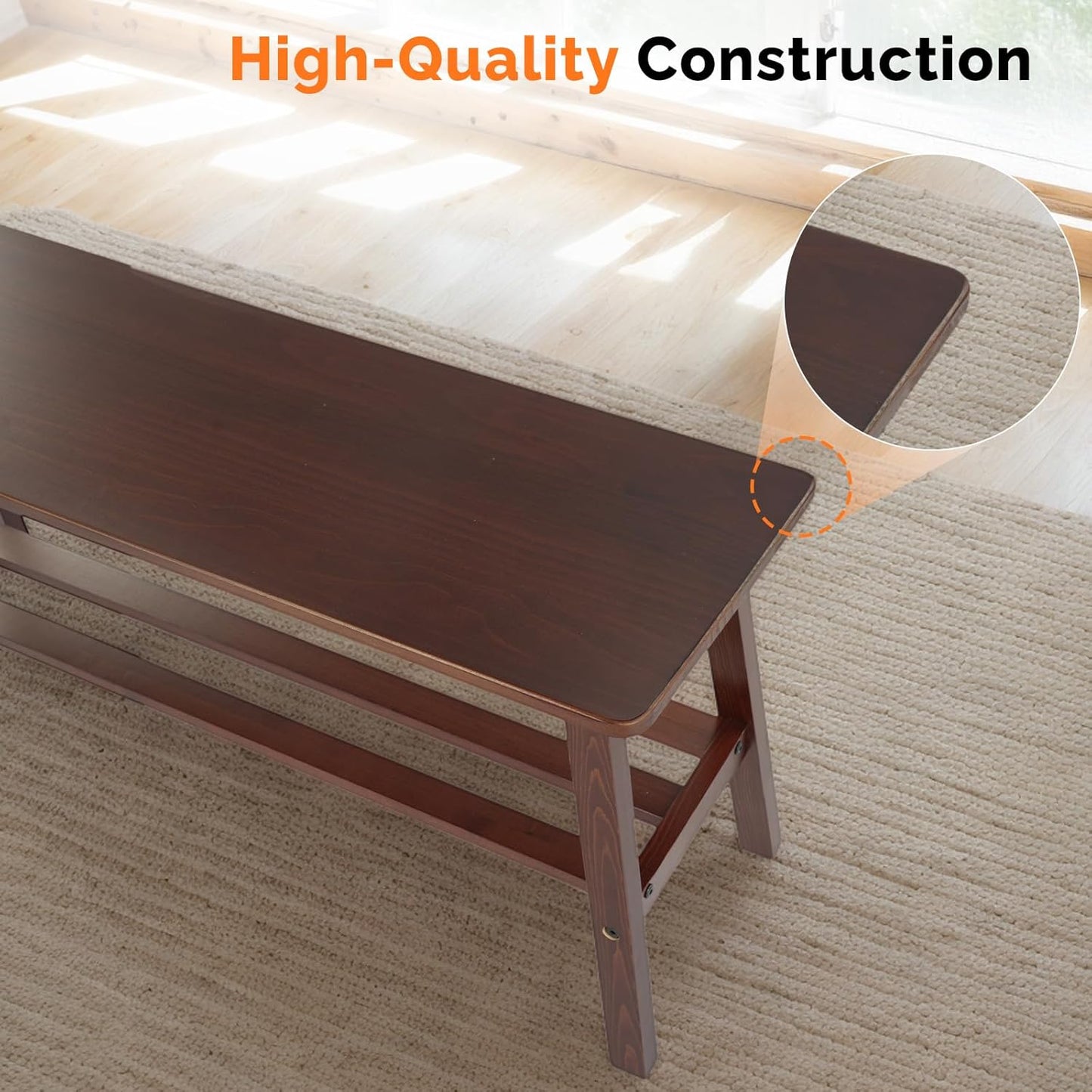 Solid Wood Dining Bench 39" Wooden Bench for Entryway, Bedroom, Kitchen & Living Room, with Shoe Rack Storage, Walnut