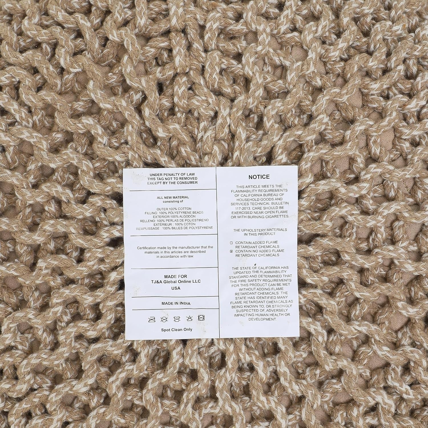 REDEARTH round Pouf Ottoman - Hand Knitted Cable Boho Poof Home Décor Pouffe Circular Footrest for Living Room - Nursery - Bedroom - Lounge 100% Cotton (18”X18”X14”) - Beige Ivory