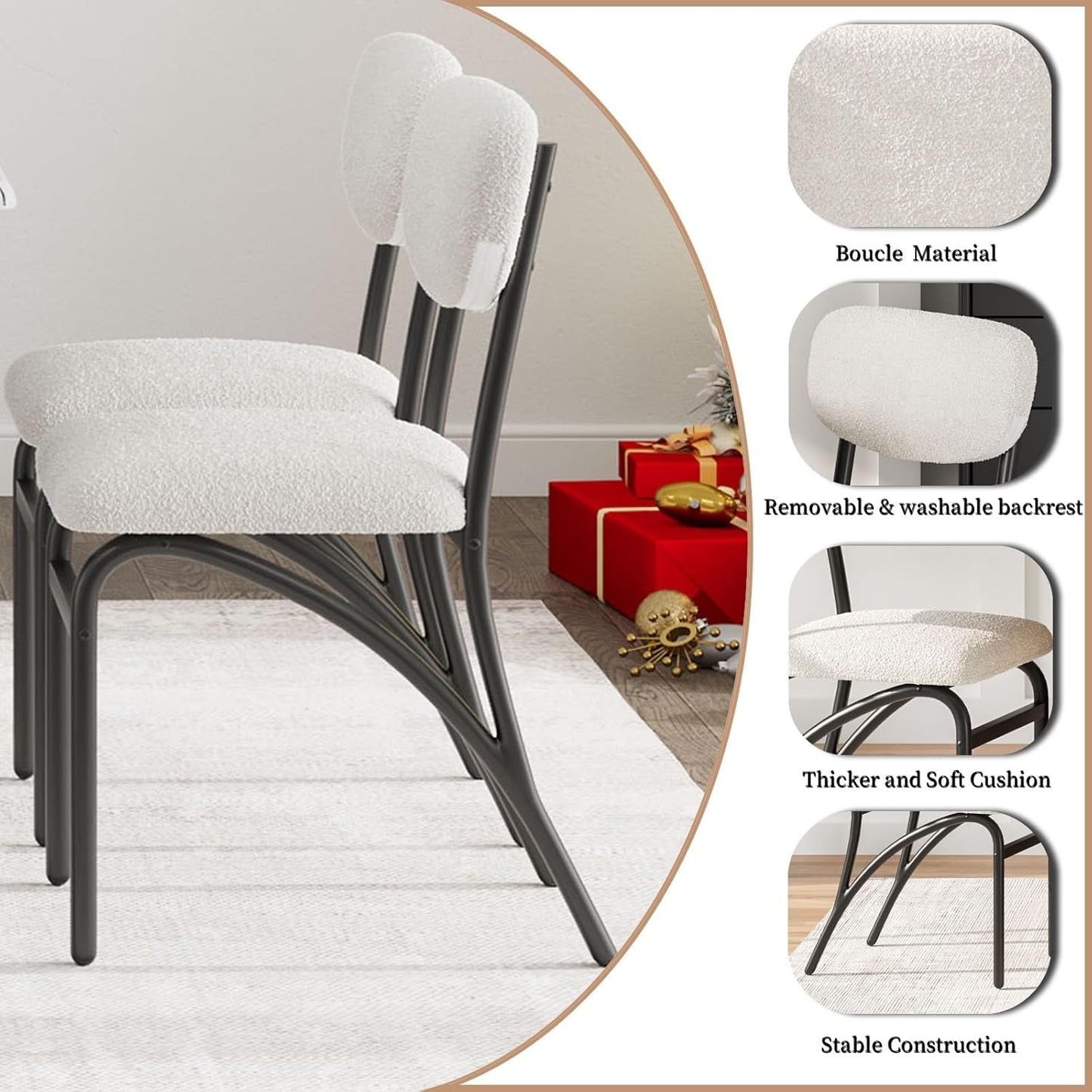 5-Piece Dining Table Set for 4, Modern Kitchen Table with 4 Boucle Chairs, Rectangular Dining Table with Storage Shelf & Marble Tabletop, Beige Home Dining Furniture for Small Space