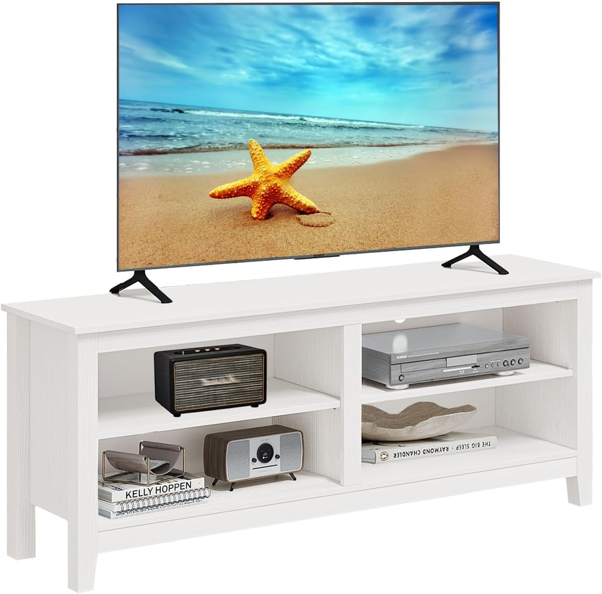 Modern TV Stand for 65 Inch TV, White Wood TV Cabinet with 4 Open Storage Shelves, Fits 50-65 Inch Tvs, 55 Inches W X 15 Inches D X 22.8 Inches H