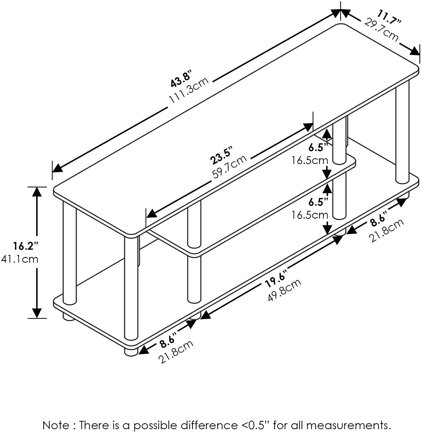 Turn-N-Tube No Tools 3D 3-Tier Entertainment TV Stand up to 50 Inch TV, round Tubes, Walnut