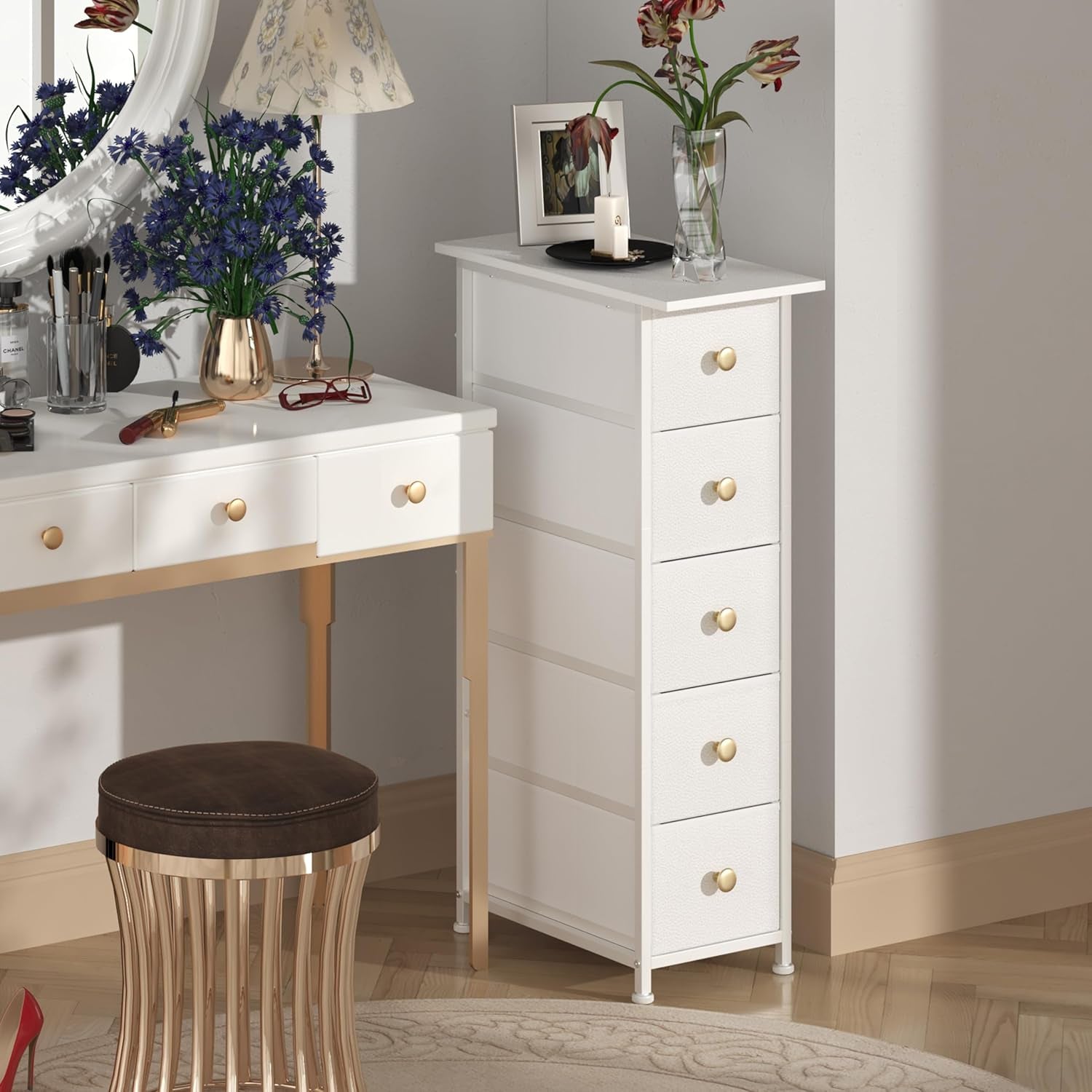 Narrow Dresser Cabinet Vertical Slim Dresser Chest of Drawers Skinny Storage Tower for Small Spaces Gaps Closet Bedroom Bathroom Small Fabric Drawer Unit (White, 5 Drawers)