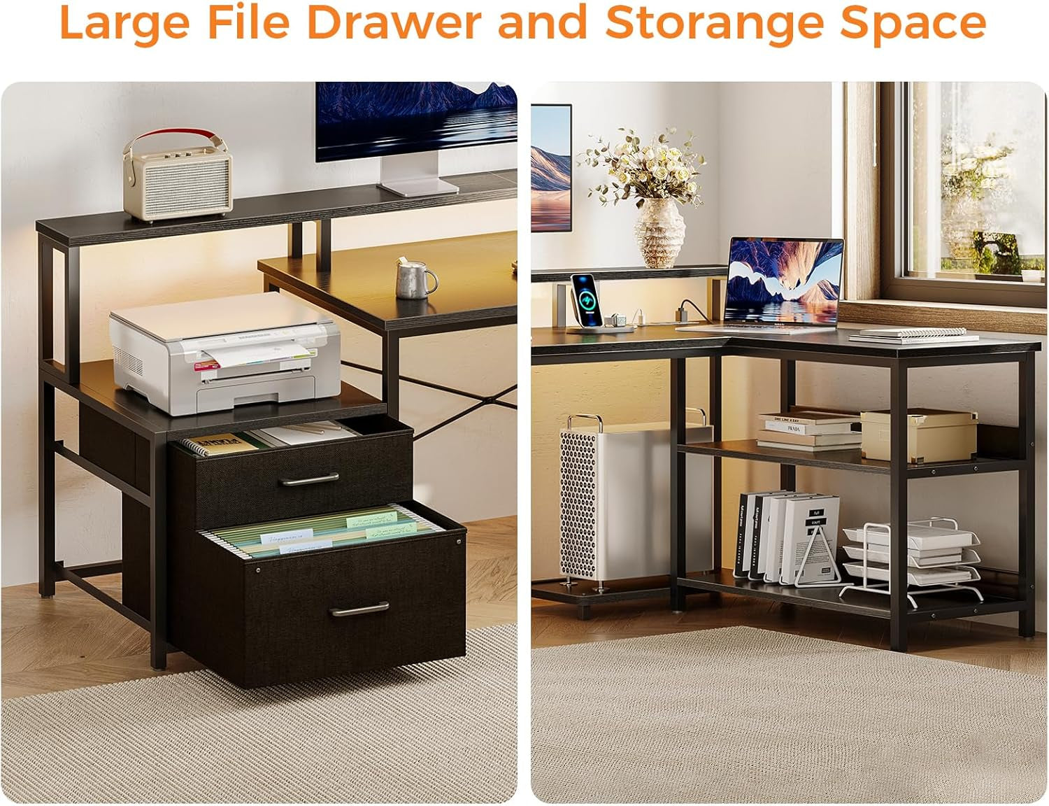 L Shaped Desk with File Drawer, 75" Reversible L Shaped Computer Desk with Power Outlet & LED Strip, Office Desk with Storage Shelves, Gaming Desk with Monitor Shelf, Corner Desk, Black