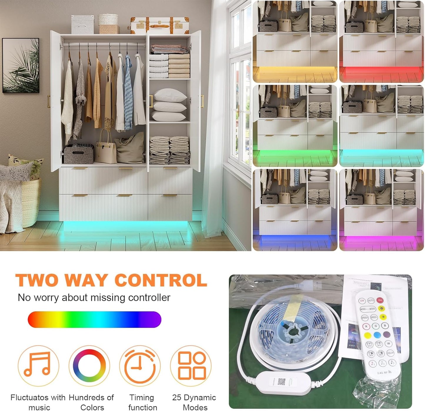 Armoire Wardrobe Closet with 3 Door, Bedroom Armoires with Mirror and LED Lights, Hanging Rod, Drawers, Large Capacity Storage Wardrobe Armoire for Bedroom