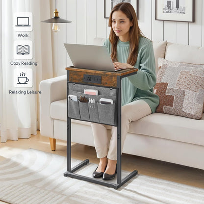 C Shaped End Table with Charging Station, 28" H Couch Side Table Slide Under, Sofa Arm Tray Table with Storage Bag for Living Room, Recliner, Rustic Brown BF70USF01