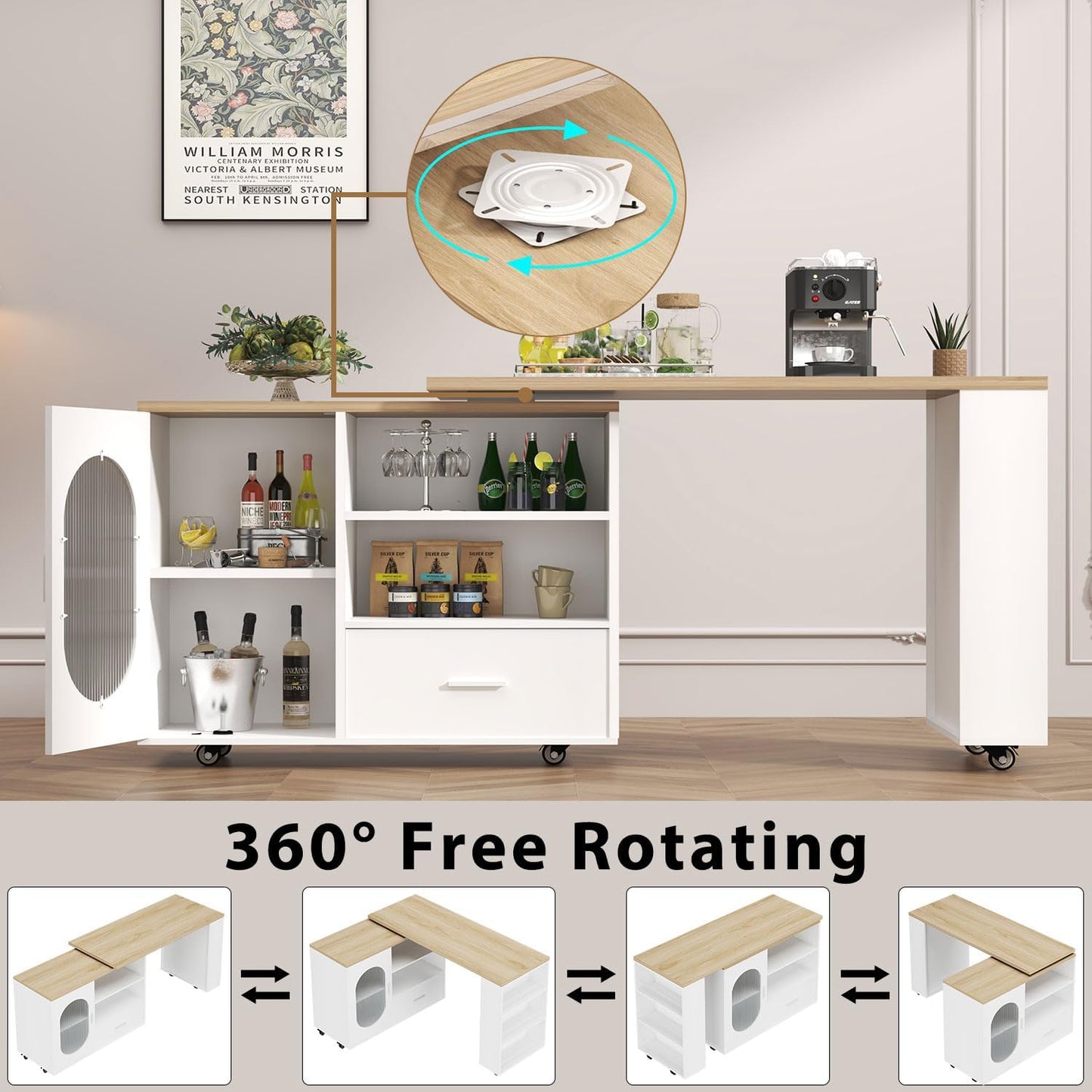 72.4” Rolling Kitchen Island with Swivel Table, Storage Cabinet, Drawers & Shelves, White Modern Mobile Island Cart on Wheels, Farmhouse Wood Island Table for Kitchen, Dining Room, Home Bar
