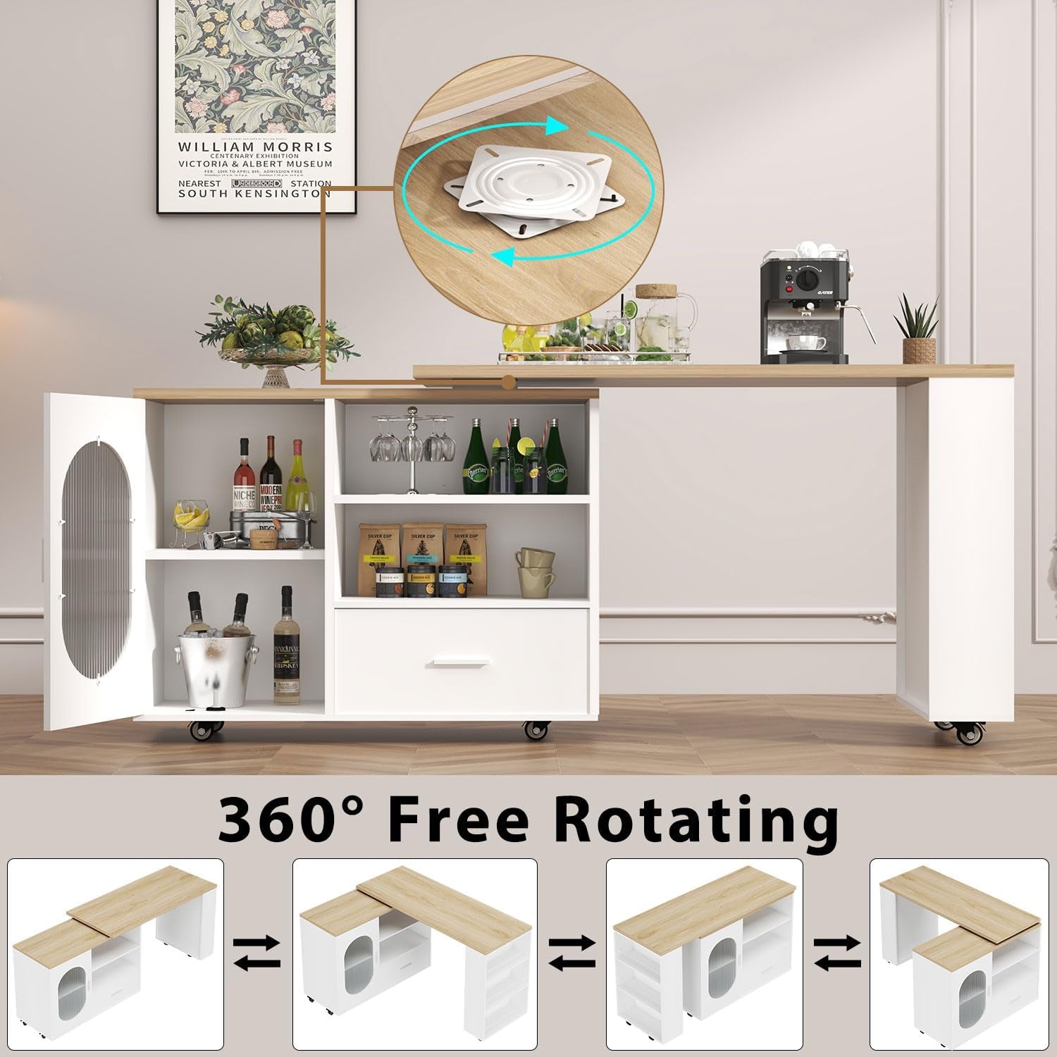 72.4” Rolling Kitchen Island with Swivel Table, Storage Cabinet, Drawers & Shelves, White Modern Mobile Island Cart on Wheels, Farmhouse Wood Island Table for Kitchen, Dining Room, Home Bar